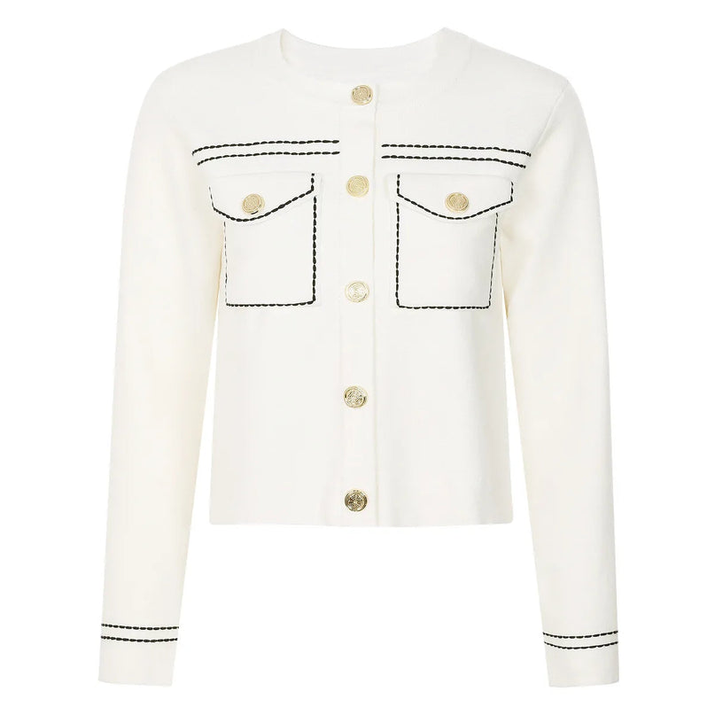 Van Hoef Ivory White Knit Cardigan with Black Stitching and Gold Buttons