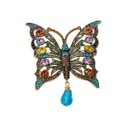 Van Hoef Multi Color Butterfly Brooch with Teardrop Accent