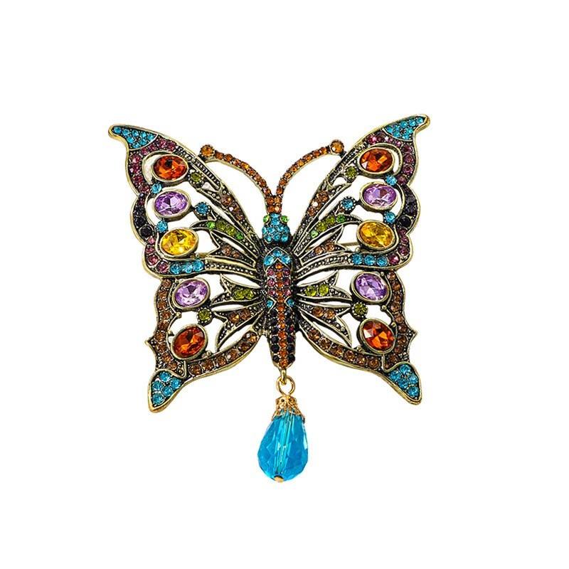 Van Hoef Multi Color Butterfly Brooch with Teardrop Accent