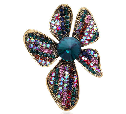 Van Hoef multicolor flower brooch with rhinestones and sparkling stone