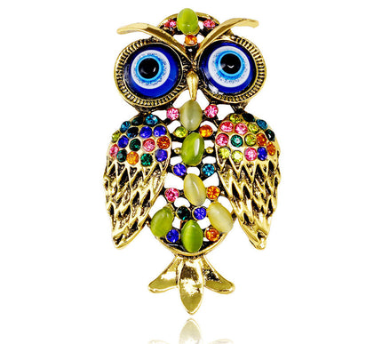 Van Hoef Owl Brooch Gold Multicolored Rhinestone Green Resin Stone Alloy Vintage Modern Women's Fashion Accessory