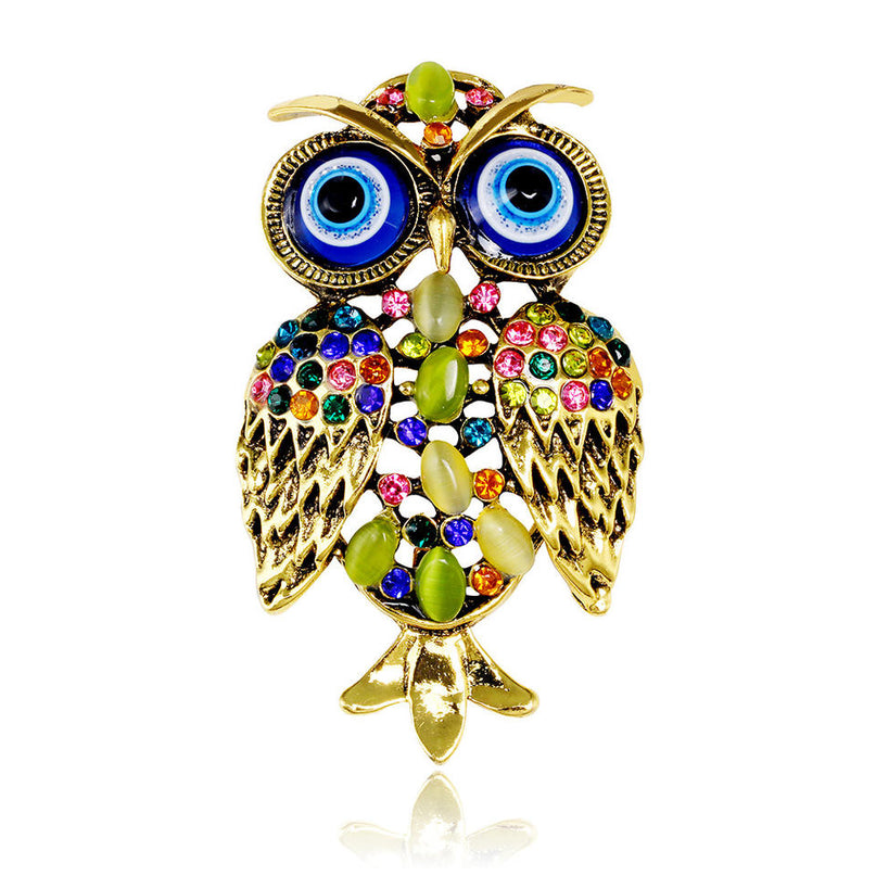 Van Hoef Owl Brooch Gold Multicolored Rhinestone Green Resin Stone Alloy Vintage Modern Women's Fashion Accessory