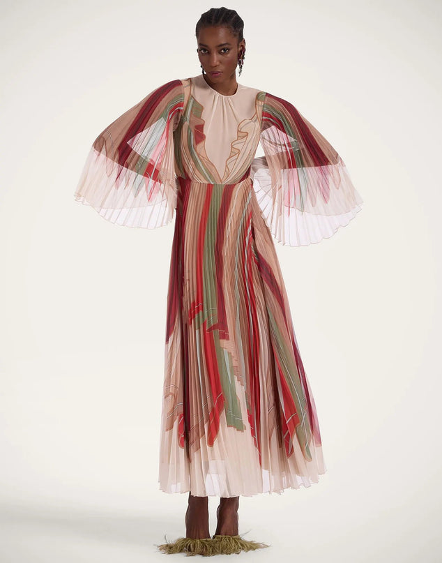 Van Hoef Peach Floral Pleated Dress