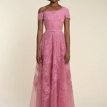 Van Hoef Pink Floral Embroidered Off-the-Shoulder Dress