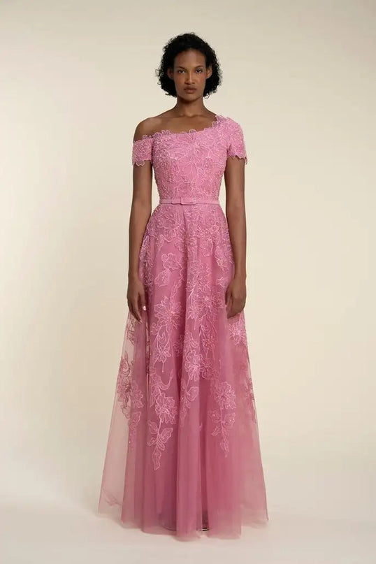 Van Hoef Pink Floral Embroidered Off-the-Shoulder Dress
