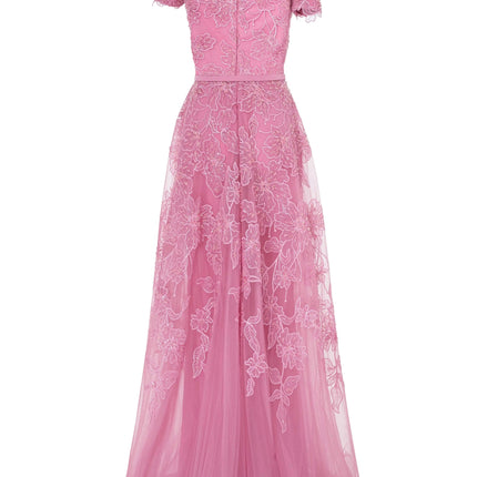 Van Hoef Pink Floral Embroidered Off-Shoulder Dress