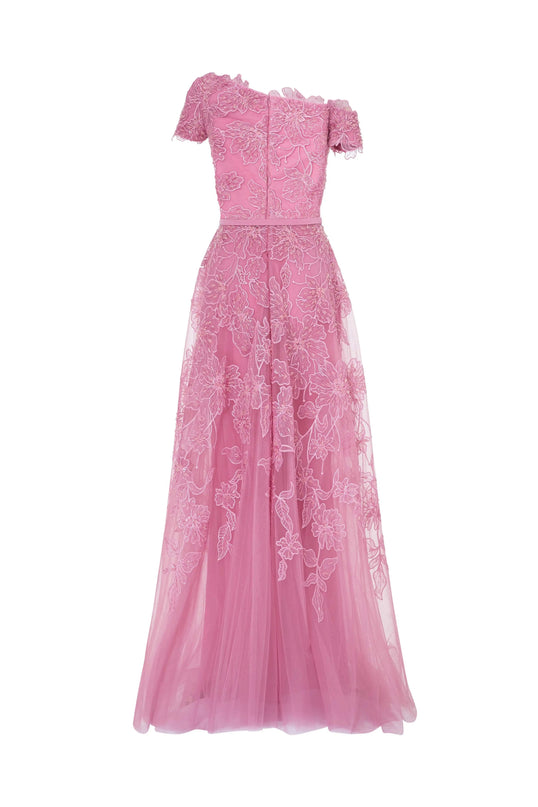 Van Hoef Pink Floral Embroidered Off-Shoulder Dress