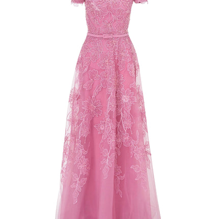 Van Hoef Pink Floral Embroidered Off-Shoulder Gown
