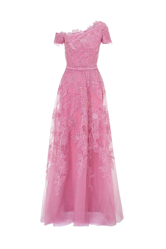 Van Hoef Pink Floral Embroidered Off-Shoulder Gown