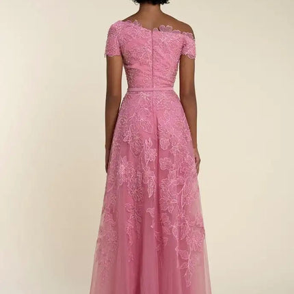 Van Hoef Pink Floral Embroidered Off-the-Shoulder Dress