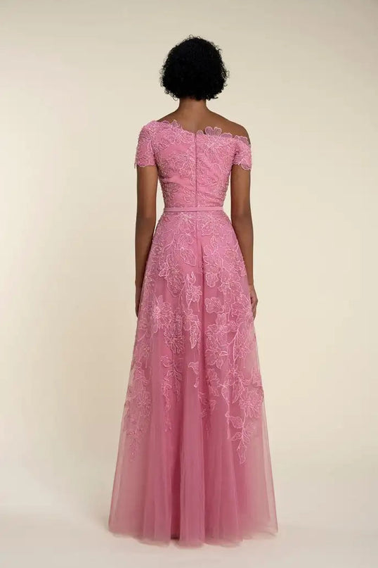 Van Hoef Pink Floral Embroidered Off-the-Shoulder Dress