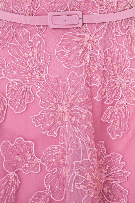 Van Hoef Pink Floral Embroidered Off-the-Shoulder Gown