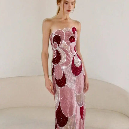 Van Hoef Pink Geometric Pattern Strapless Midi Dress with Beads and Sequins