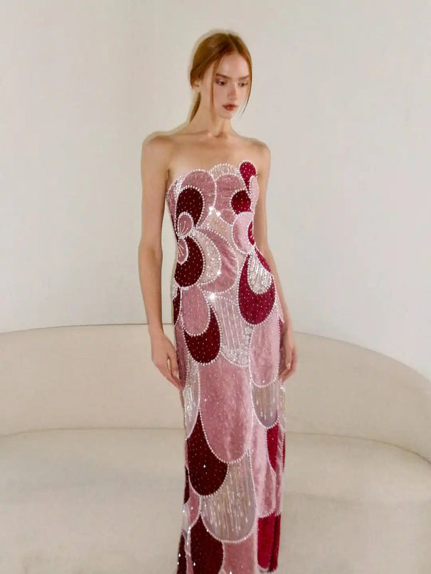 Van Hoef Pink Geometric Pattern Strapless Midi Dress with Beads and Sequins