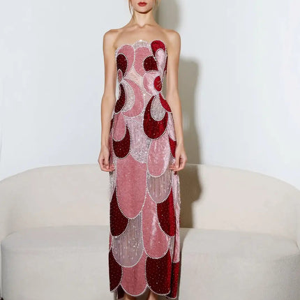 Van Hoef Pink Geometric Pattern Strapless Midi Dress with Shimmering Beads and Sequins