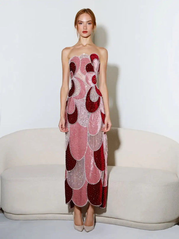 Van Hoef Pink Geometric Pattern Strapless Midi Dress with Shimmering Beads and Sequins