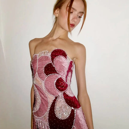 Van Hoef Pink Geometric Pattern Strapless Midi Dress