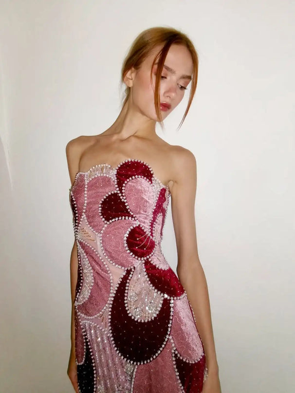 Van Hoef Pink Geometric Pattern Strapless Midi Dress