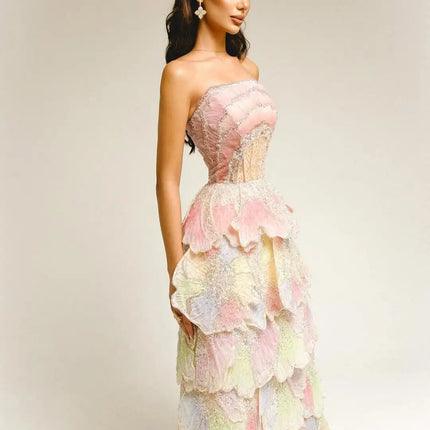 Van Hoef Pink Strapless Gown with Ruffle Detailing and Embellishments