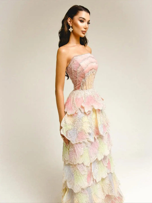 Van Hoef Pink Strapless Gown with Ruffle Detailing and Embellishments