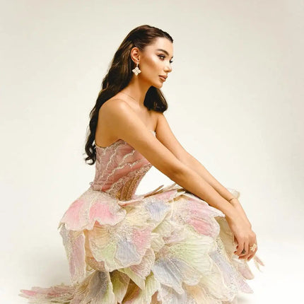 Van Hoef Pink Strapless Ruffle Detail Gown with Intricate Embellishments