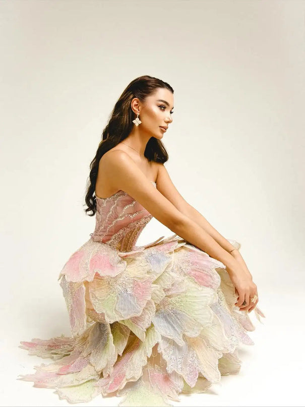 Van Hoef Pink Strapless Ruffle Detail Gown with Intricate Embellishments