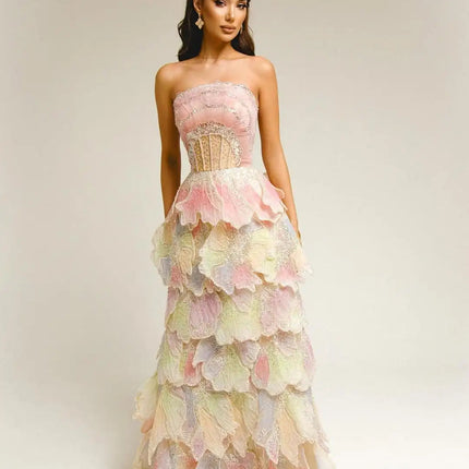 Van Hoef Pink Strapless Ruffle Gown with Embellishments for Weddings and Events