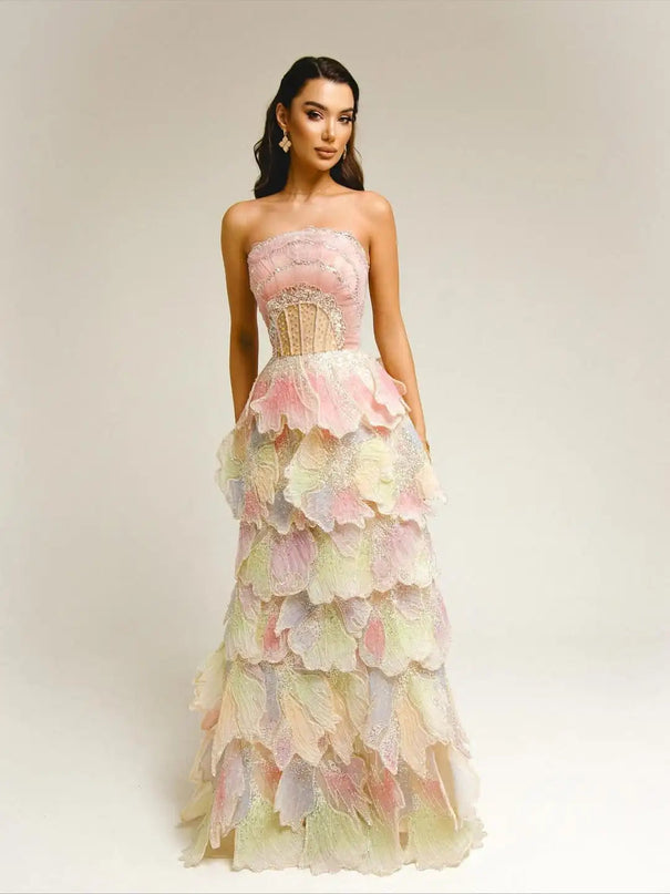 Van Hoef Pink Strapless Ruffle Gown with Embellishments for Weddings and Events