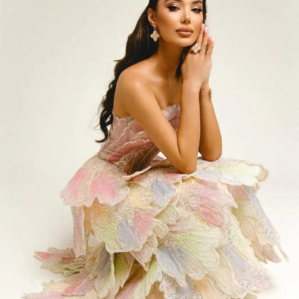 Van Hoef Pink Strapless Ruffle Layered Gown with Embellishments