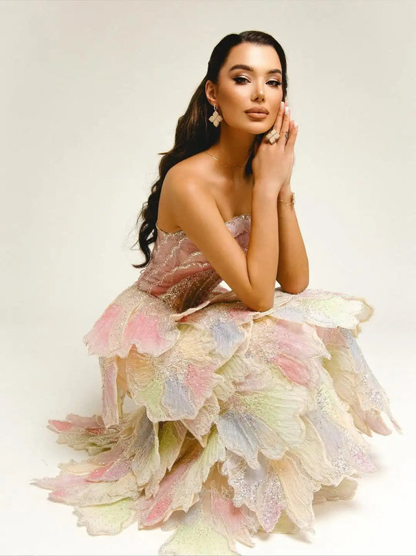 Van Hoef Pink Strapless Ruffle Layered Gown with Embellishments