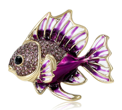 Van Hoef Purple Rhinestone Fish Brooch Enamel Gold Frame Jewelry