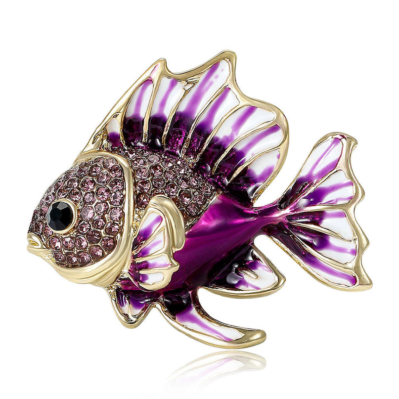 Van Hoef Purple Rhinestone Fish Brooch Enamel Gold Frame Jewelry