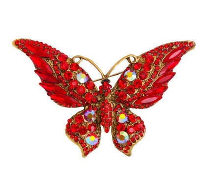 Van Hoef Red Butterfly Brooch with Silver Plating and Brilliant Crystals
