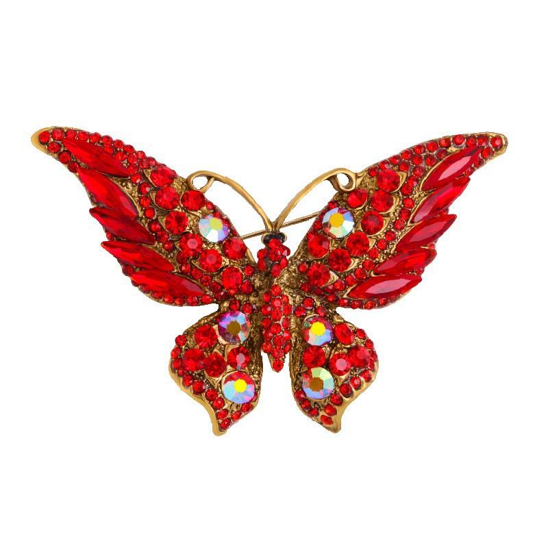 Van Hoef Red Butterfly Brooch with Silver Plating and Brilliant Crystals