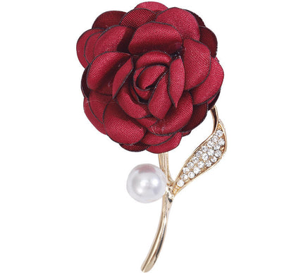Van Hoef Red Fabric Flower Rhinestone Pearl Brooch