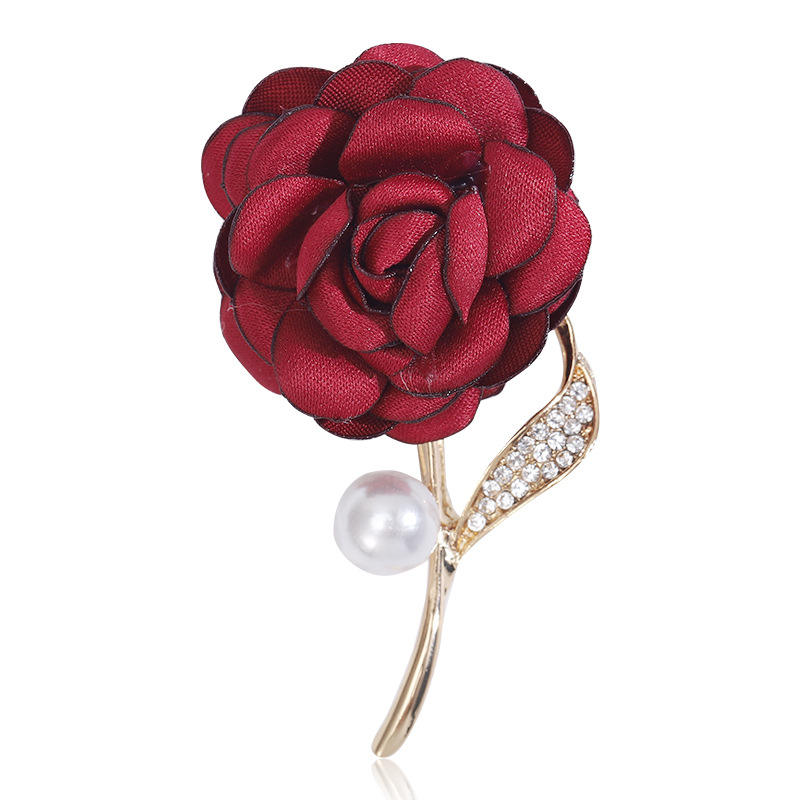 Van Hoef Red Fabric Flower Rhinestone Pearl Brooch