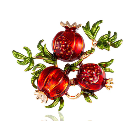 Van Hoef Red Pomegranate Brooch Vintage Design Abundance Prosperity Leaf Accents Elegant Sophisticated Charm