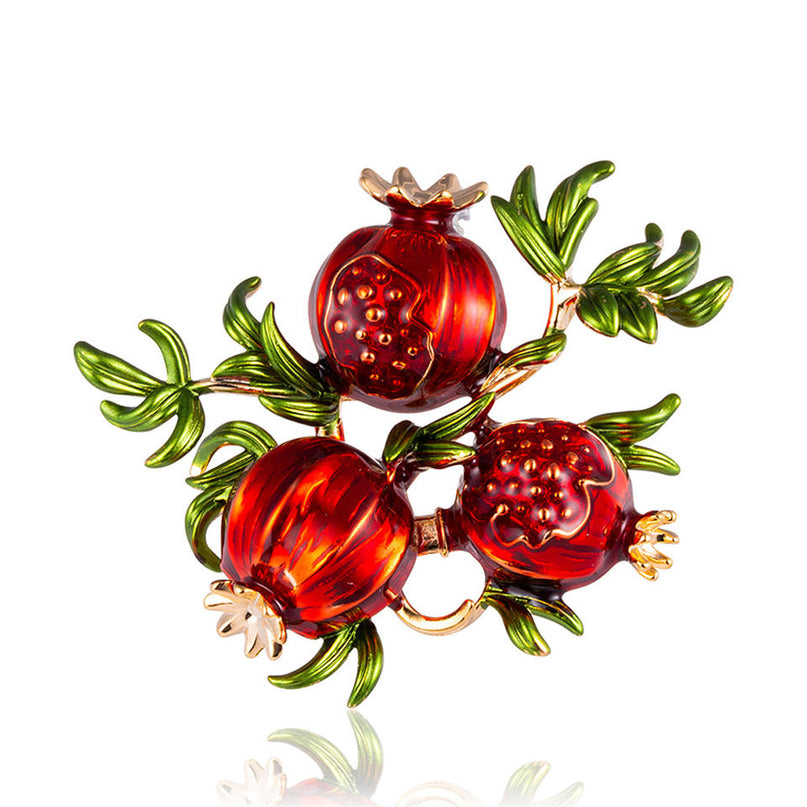 Van Hoef Red Pomegranate Brooch Vintage Design Abundance Prosperity Leaf Accents Elegant Sophisticated Charm