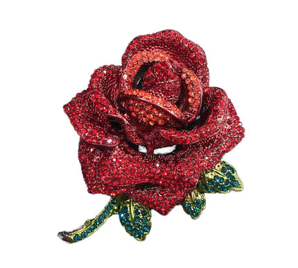 Van Hoef Red Rose Vintage Style Brooch with Rhinestones