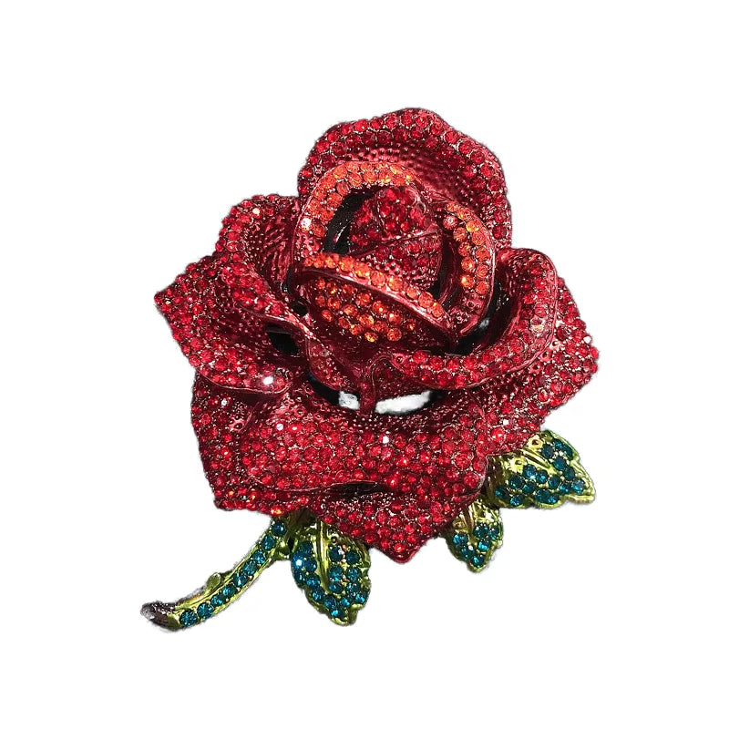 Van Hoef Red Rose Vintage Style Brooch with Rhinestones