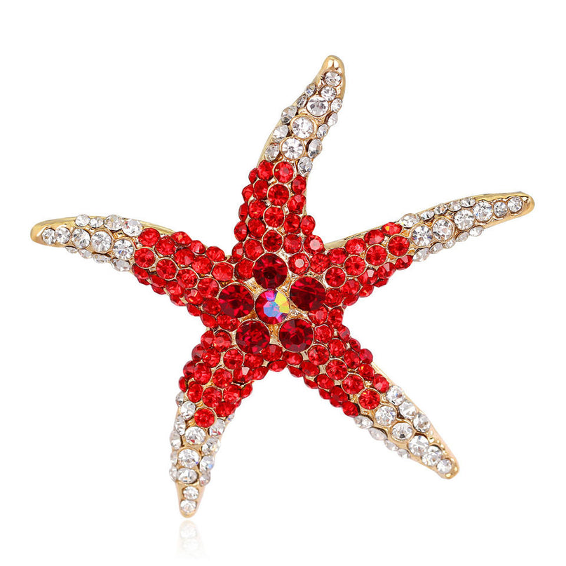 Van Hoef red starfish brooch with diamonds and crystals