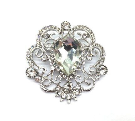 Van Hoef Silver Rhinestone Brooch with Pear-Shaped Stone