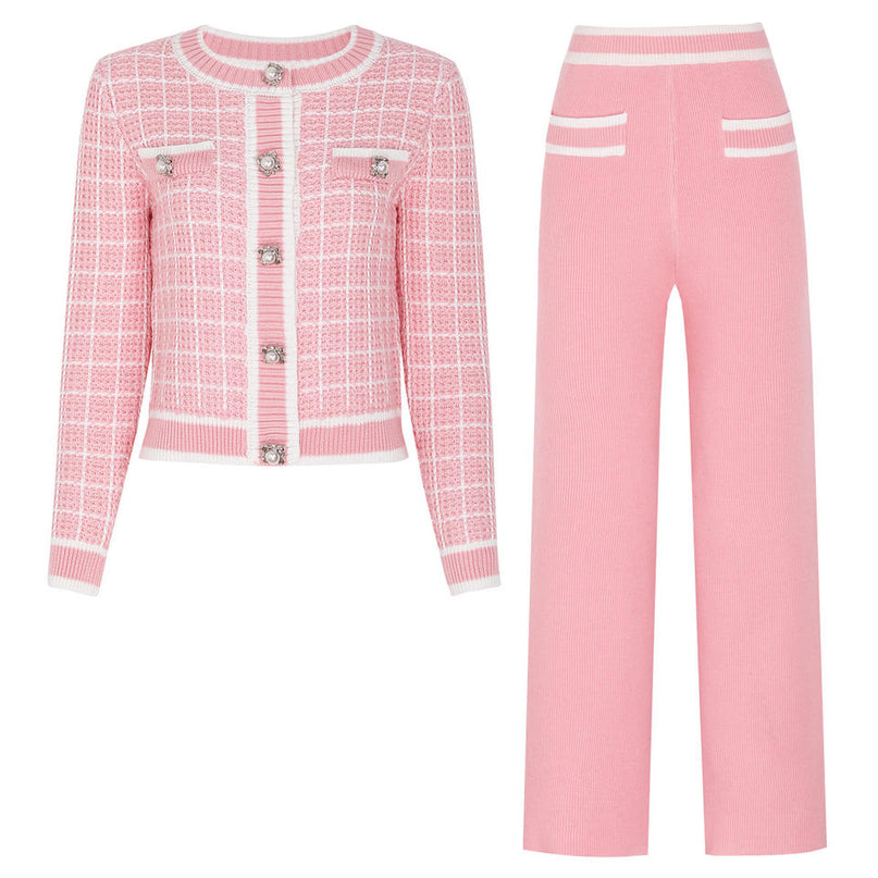 Van Hoef Soft Pink Tweed Knit Cardigan and Wide Leg Pants Set