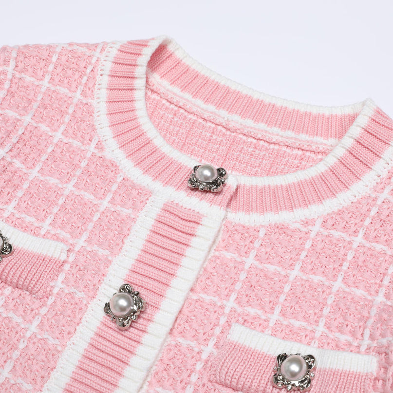 Van Hoef Soft Pink Tweed Knit Cardigan and Wide Leg Pants Set