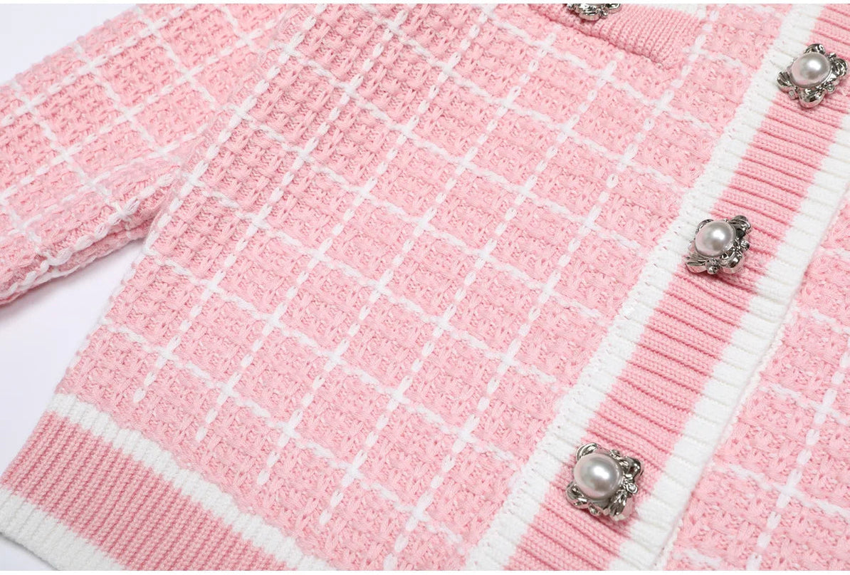 Van Hoef Soft Pink Tweed Knit Cardigan and Wide Leg Pants Set