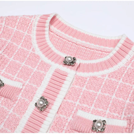 Van Hoef Soft Pink Tweed Knit Two Piece Set with Contrast Trim and Statement Buttons
