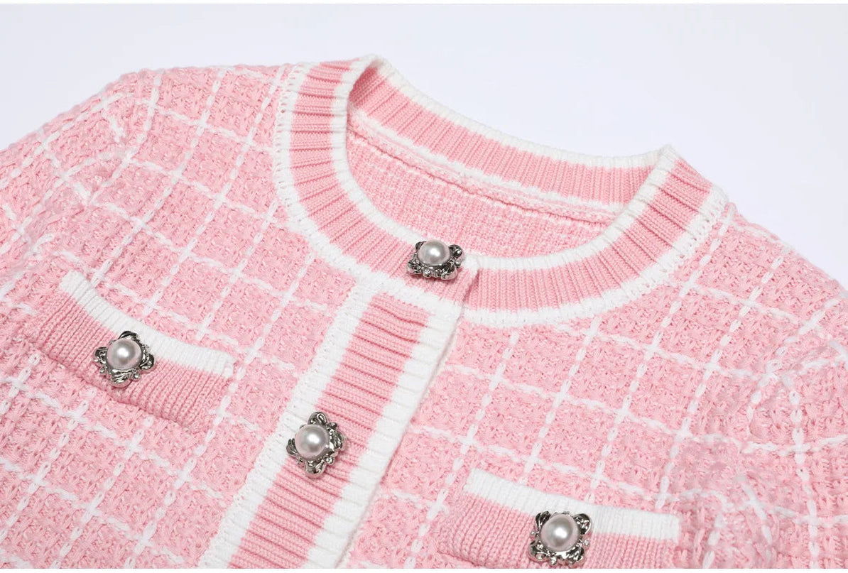 Van Hoef Soft Pink Tweed Knit Two Piece Set with Contrast Trim and Statement Buttons