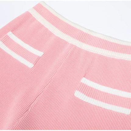 Van Hoef Soft Pink Tweed Knit Two Piece Set with Contrast Trim and Statement Buttons