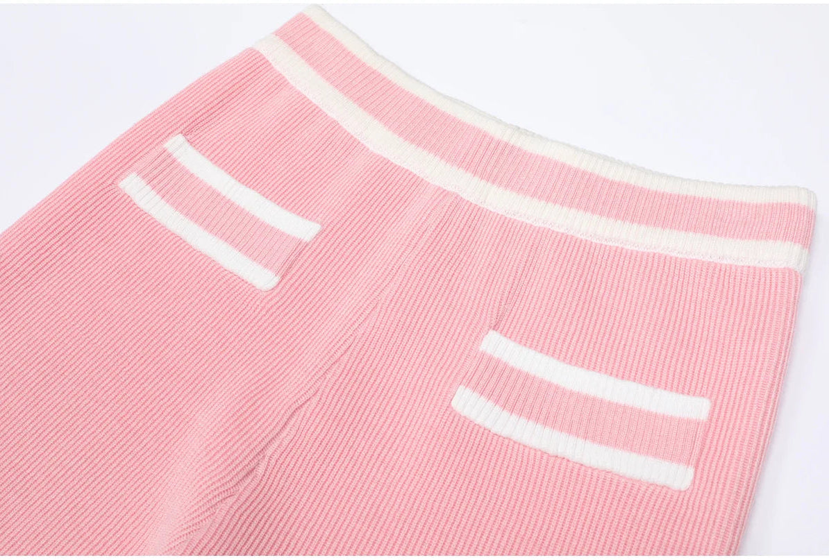 Van Hoef Soft Pink Tweed Knit Two Piece Set with Contrast Trim and Statement Buttons