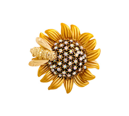Van Hoef sunflower brooch gold petals crystals bee motif elegance charm